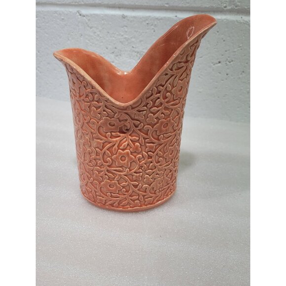 Embossed Orange Tulip Vase Handmade Ceramic Flowers Unique - Picture 1 of 8